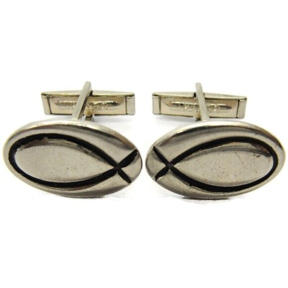 Gentry Silver Tone Oval Cufflinks Fish Religious Church Clergy Vintage - Picture 3 of 8